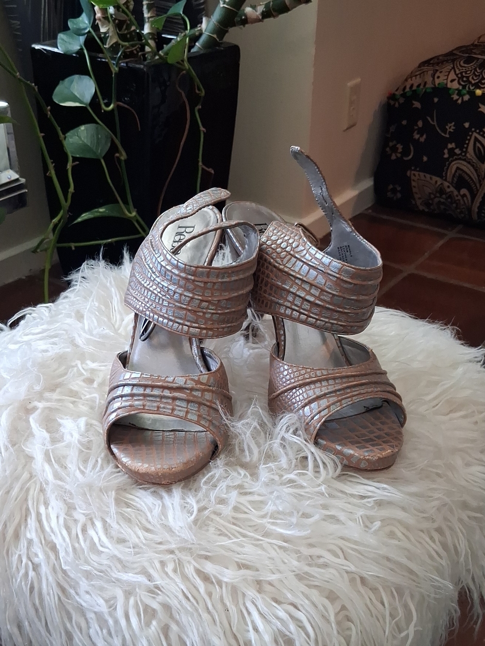 Reba Metallic Taupe Croc-Embossed Strappy Heels